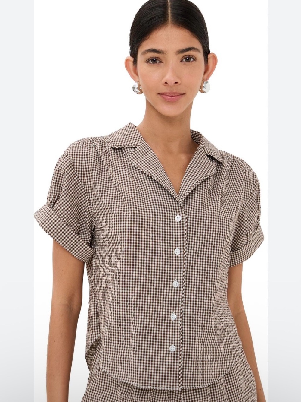 Veronica Beard Brown ilene Gingham Short Sleeve Button-Down Top Size XS